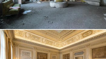 Ruang Pertemuan Klasik yang Lusuh. Before: Ruangan besar bernuansa hijau kekuningan tampak gelap, berdebu, dan hampir tanpa furnitur layak. After: Direstorasi AI menjadi ruang pertemuan cantik dengan pencahayaan hangat, sofa dan kursi klasik, serta detail arsitektur yang kembali bersih. Foto: Boredpanda