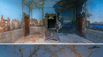 Ruang Bergambar Mural yang Rusak. Before: Ruang dengan mural indah di dinding terlihat rusak, sebagian besar lukisan terkelupas, dan kursi terbalik teronggok di tengah ruangan. After: AI memvisualisasikan kembali mural warna-warni secara utuh, dengan furnitur klasik dan tanaman yang menambah nuansa historis. Foto: Boredpanda