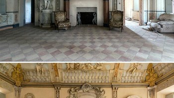 Ruang Berukir Megah yang Terlantar Jadi Ruang Tamu Istana. Before: Ruangan penuh ornamen ukiran tampak kusam, kotor, dan minim furnitur layak. Kursi tua dan sofa rusak meninggalkan kesan suram. After: AI menunjukkan versi megahnya—furnitur antik dipoles, perapian kembali hidup, dan ornamen dinding tampak bersih sehingga ruangan terlihat seperti ruang tamu istana klasik. Foto: Boredpanda Foto: Boredpanda