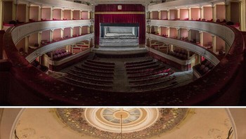 Teater Bersejarah yang Gelap Kembali Berkilau. Before: Interior teater tampak gelap, dengan kursi berdebu dan ornamen langit-langit yang memudar. Lingkungan terlihat seperti bangunan yang lama ditinggalkan. After: AI menampilkan teater bercahaya dengan lampu gantung terang, dinding dan balkon yang bersih, serta kursi merah yang tampak baru—menghadirkan kembali kemegahan panggung klasik.