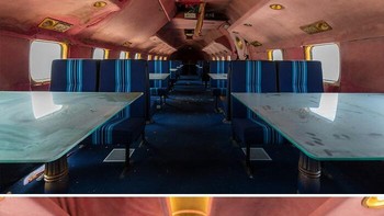 Kabin Pesawat Retro yang Terbengkalai Menjadi Restoran Udara Mewah. Before: Interior pesawat tampak usang dan berdebu, dengan kursi lusuh dan meja kotor. Pencahayaan lemah membuat ruang terasa sempit dan menakutkan. After: Rekonstruksi AI menampilkan suasana seperti restoran kelas atas di udara: meja kaca bersih, peralatan makan lengkap, pencahayaan hangat, dan kabin yang tampak segar dan modern. Foto: Boredpanda