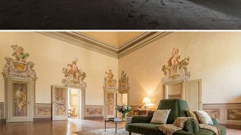 Ruang Besar Bergaya Barok yang Lusuh Jadi Ruang Santai Elegan. Before: Ruangan besar dengan pintu berornamen tampak gelap, berdebu, dan dipenuhi furnitur rusak. Warna dinding memudar dan cahaya hampir tidak masuk. After: AI menghidupkan kembali kesan aristokratik dengan dinding bersih, ornamen berwarna cerah, karpet halus, serta sofa hijau modern yang serasi dengan estetika ruangan. Foto: Boredpanda