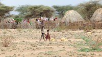 Anak-anak berjalan di area tandus dekat permukiman tradisional Turkana, salah satu komunitas yang paling terdampak oleh kombinasi kekeringan, konflik pastoral, dan pemotongan bantuan AS yang menghambat penanganan kelaparan. REUTERS/Monicah Mwangi
