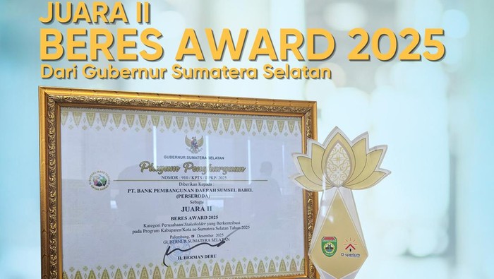 Bank Sumsel Babel Raih BERES Award 2025 dari Gubernur