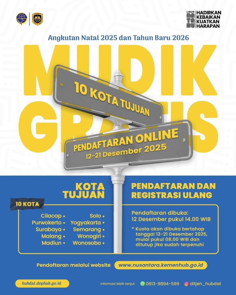 Pendaftaran Mudik Gratis Nataru 2025: Syarat, Cara Daftar, Link, dan Tujuannya Pendaftaran Mudik Gratis Nataru 2025