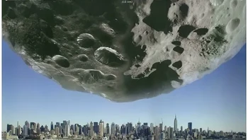 Ilustrasi Asteroid Chicxulub yang menghantam Bumi 66 juta tahun lalu dan memusnahkan dinosaurus. Diproyeksikan ke pusat kota Manhattan. Foto: colapepsikinnie via Bored Panda