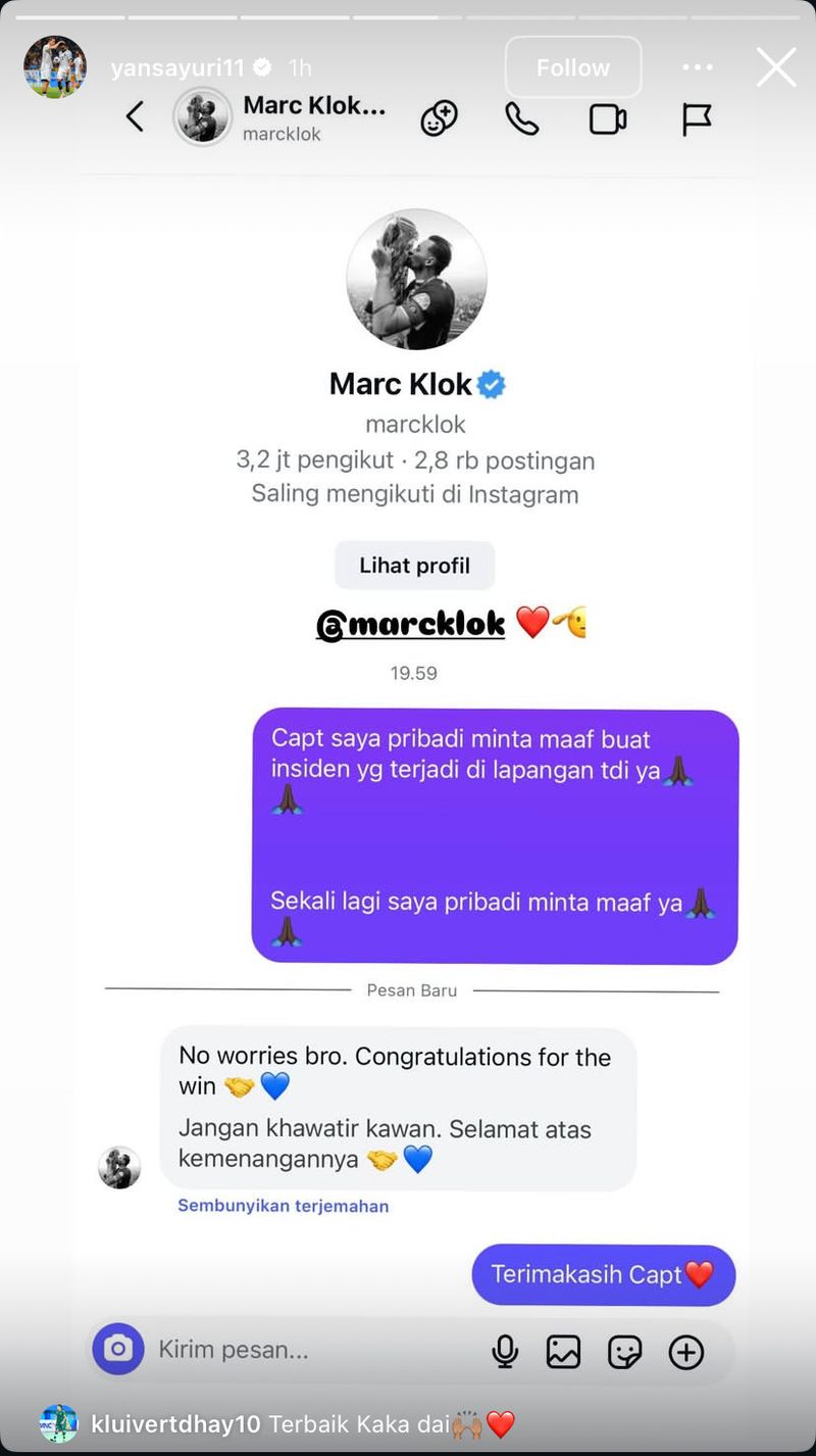 Tangkapan layar permintaan maaf Yance Sayuri ke Marc Klok yang diposting di Instagramnya. Tangkapan layar permintaan maaf Yance Sayuri ke Marc Klok yang diposting di Instagramnya.
