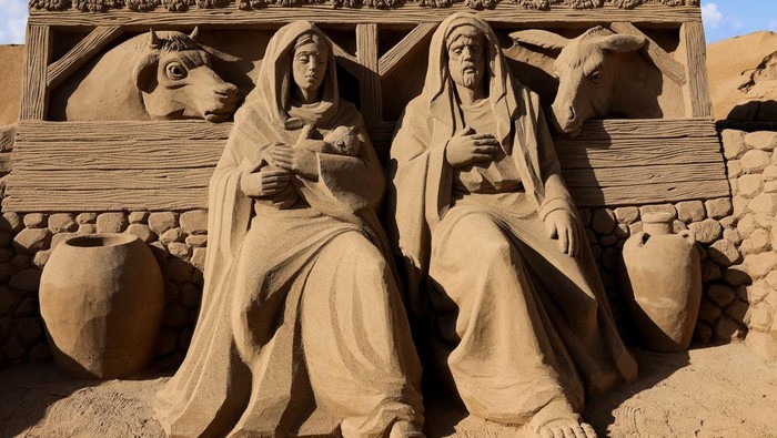 Two tourists take a photo next to a sand sculpture representing a Christian nativity scene on Las Canteras beach in Las Palmas de Gran Canaria, Spain, December 15, 2025. REUTERS/Borja Suarez