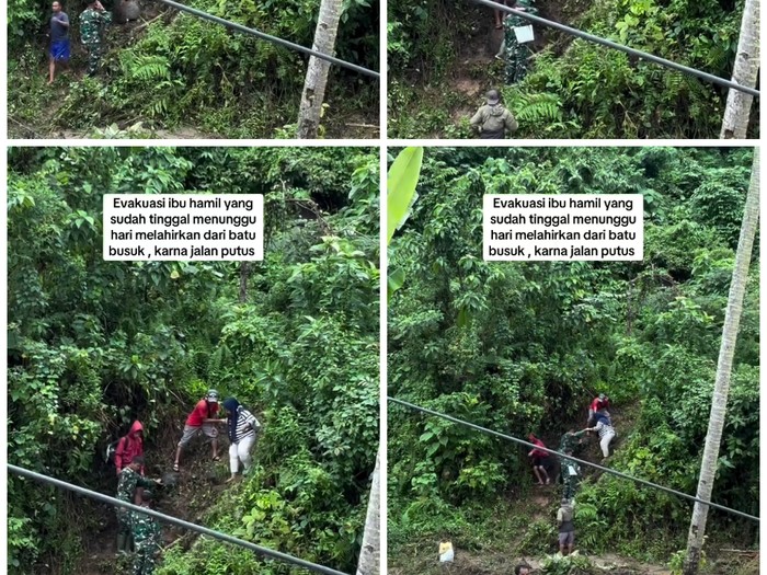 Viral, evakuasi dramatis ibu hamil di Batu Busuk, Aceh, karena jalan putus akibat banjir bandang. Ibu yang mendekati HPL ini harus dibantu melintasi lereng terjal oleh petugas. Postingan tersebut langsung viral di media sosial.