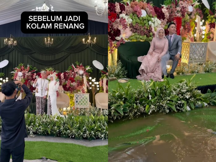 Dekorasi nikah viral berubah jadi kolam renang dadakan karena banjir. Uniknya, beberapa anak tamu malah asyik bermain air genangan. Begini reaksi pengantin. Unggahan suasana resepsi pernikahan tersebut langsung viral.