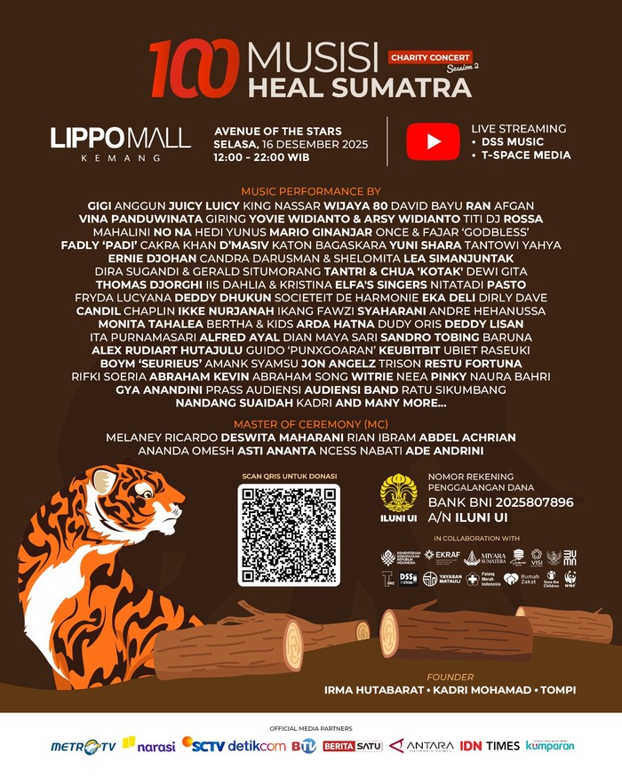 Konser amal 100 Musisi Heal Sumatera berhasil mengumpulkan Rp 17 miliar untuk korban bencana. Inisiatif ini berlanjut sebagai gerakan berkelanjutan.