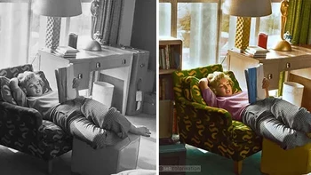 Marilyn Monroe sedang membaca di Beverly Carlton Hotel Los Angeles, 1952. Foto: sebcolorisation via Bored Panda