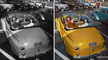 Mobil Ford 1947, atapnya berbentuk gelembung atau bubble. Foto: sebcolorisation via Bored Panda