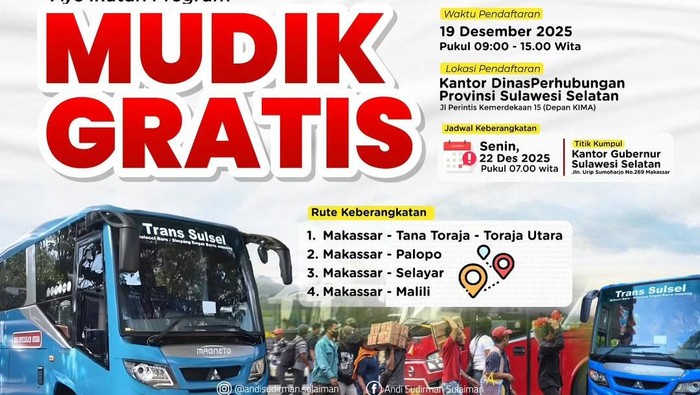 Pemprov Sulsel Siapkan 7 Bus Mudik Gratis Libur Nataru Bagi 250 Penumpang