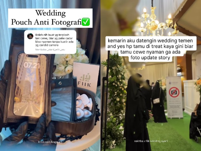 Tren Wedding Anti Fotografi gunakan pouch HP khusus guna jaga privasi tamu. Kamera tertutup namun fungsi tetap normal agar tamu nyaman tanpa takut kena kamera. Unggahan tersebut langsung viral dan menjadi sorotan warganet.