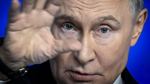 Russias President Vladimir Putin gestures as he speaks during his annual end-of-year press conference, in Moscow, on December 19, 2025. Russias Vladimir Putin said on December 19, 2025 the ball was in the court of the West and Kyiv in talks to end the war in Ukraine, while hailing Moscows recent battlefield gains and threatening more. (Photo by Alexander NEMENOV / AFP)