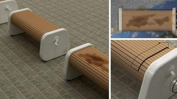 Bangku kayu beroda yang bisa diputar  permukaannya sehingga tetap kering setelah hujan.  Foto: via StreetArtUtopia