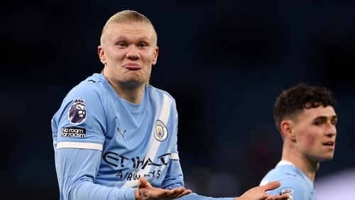 MANCHESTER, ENGLAND - DECEMBER 20: Erling Haaland of Manchester City reacts after the Premier League match between Manchester City and West Ham United at Etihad Stadium on December 20, 2025 in Manchester, England. (Photo by Carl Recine/Getty Images)