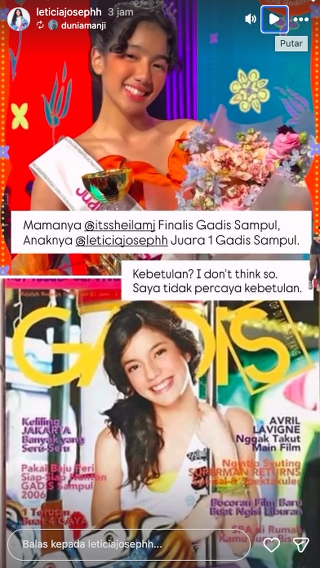 Leticia Joseph mengikuti jejak ibunya yang juga lulusan Gadis Sampul. Begini penampilan keduanya yang diunggah oleh Anji.  Foto: Instagram