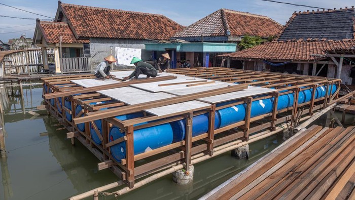 Sejumlah pekerja menyelesaikan bantuan program rumah apung jenis panggung amfibi milik warga terdampak banjir rob (limpasan air laut ke daratan) permanen di Desa Timbulsloko, Kabupaten Demak, Jawa Tengah, Minggu (21/12/2025). Dinas Perumahan dan Kawasan Permukiman (Disperkim) Demak dalam periode 2022-2025 telah merealisasikan program proyek percontohan pembangunan rumah bagi korban bencana banjir rob di sejumlah wilayah pesisir Kabupaten Demak sebanyak 243 unit yang menggunakan teknologi rumah unggul sistem panel instan (Ruspin) dan rumah apung senilai total Rp12,150 miliar guna menangani bencana tersebut. ANTARA FOTO/Aji Styawan/bar