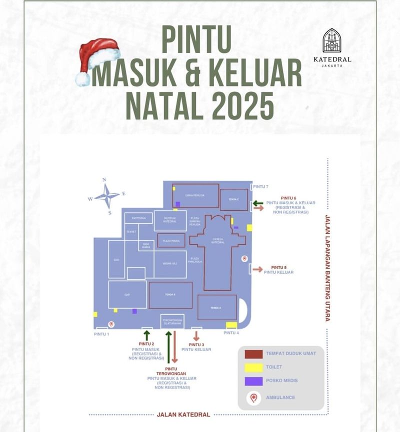 Denah pintu masuk dan pintu keluar saat acara Misa Natal 2025 di Gereja Katedral Jakarta.