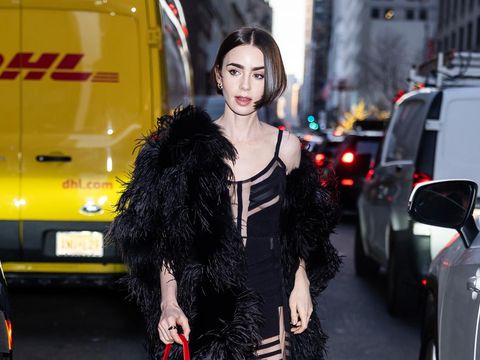 NEW YORK, NEW YORK - DECEMBER 09: Lily Collins is seen in Midtown on December 09, 2025 in New York City. (Photo by TheStewartofNY/GC Images)