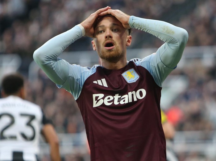 Aston Villa's Matty Cash reacts to a missed chance during the Premier League match between Newcastle United and Aston Villa at St. James's Park in Newcastle, United Kingdom, on December 26, 2024. (Photo by MI News/NurPhoto via Getty Images)