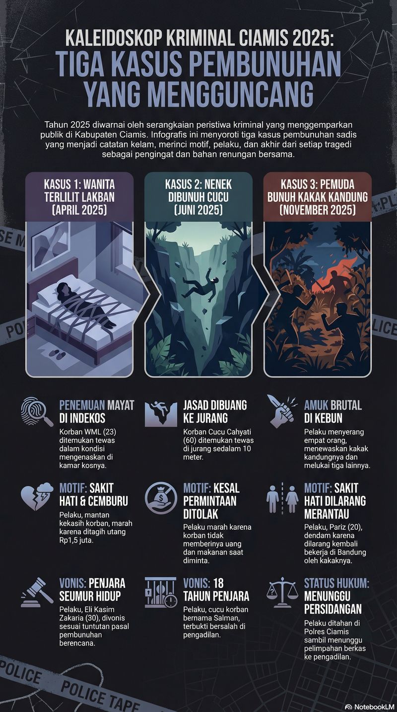 Infografik tiga kasus pembunuhan yang mengguncang di Ciamis sepanjang tahun 2025