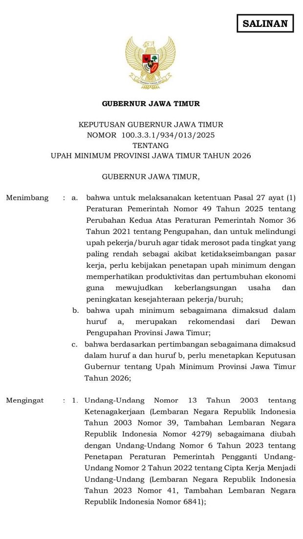 Kebijakan peningkatan Upah Minimum Provinsi (UMP) Jatim.