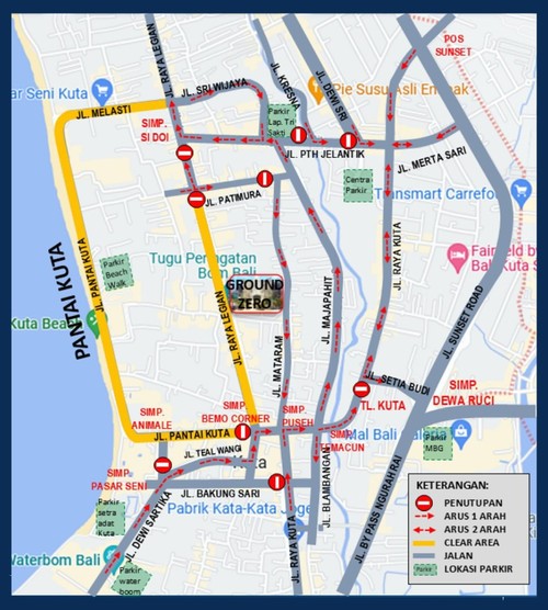 Peta Rekayasa Arus Lalu Lintas yang Dialihkan dan Ditutup pada Malam Perayaan Tahun Baru 2026 di Wilayah Kuta. (Tangkapan Layar Instagram @satlantas_polrestadenpasar)