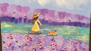 Perempuan kecil dan anjing di padang bunga, karya Aura Kasih ini terasa seperti potongan cerita masa kecil yang hangat. Foto: Instagram Aura Kasih
