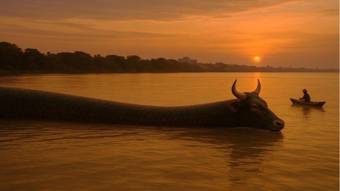 Ilustrasi AI ular lembu di Sungai Mahakam.