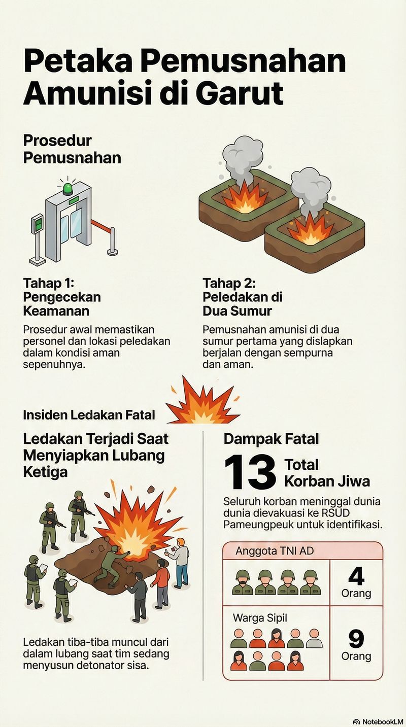 Insiden ini menewaskan total 13 orang, yang terdiri dari 4 prajurit TNI dan 9 warga sipil. Salah satu korban gugur adalah perwira menengah TNI, Kolonel Cpl Antonius Hermawan (Kepala Gudang Pusat Amunisi 3 Bandung).
