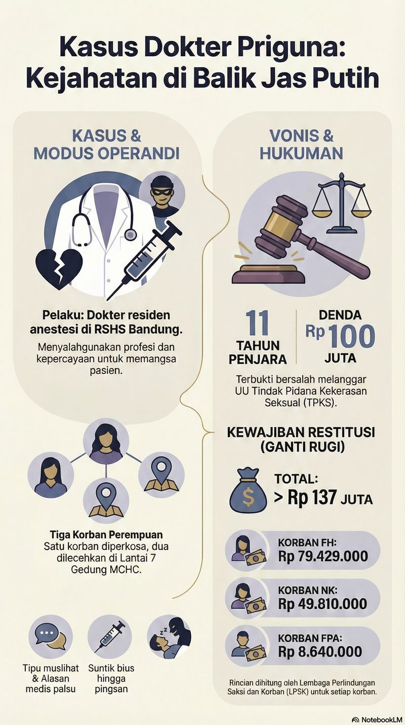 Kasus kekerasan seksual yang melibatkan Priguna Anugerah Pratama, seorang mantan dokter residen (PPDS) Anestesiologi Universitas Padjadjaran, bermula pada Maret hingga April 2025 di RSUP Dr. Hasan Sadikin (RSHS) Bandung dengan modus menyuntikkan obat bius kepada tiga orang korban yang terdiri dari pasien dan keluarga pasien sebelum melakukan pemerkosaan. Setelah melalui proses hukum yang mengungkap penyalahgunaan wewenang medis tersebut, Majelis Hakim Pengadilan Negeri Bandung pada 5 November 2025 resmi menjatuhkan vonis 11 tahun penjara dan denda Rp100 juta kepada terdakwa, serta mewajibkannya membayar restitusi sebesar Rp137.879.000 sebagai ganti rugi kepada para korban.