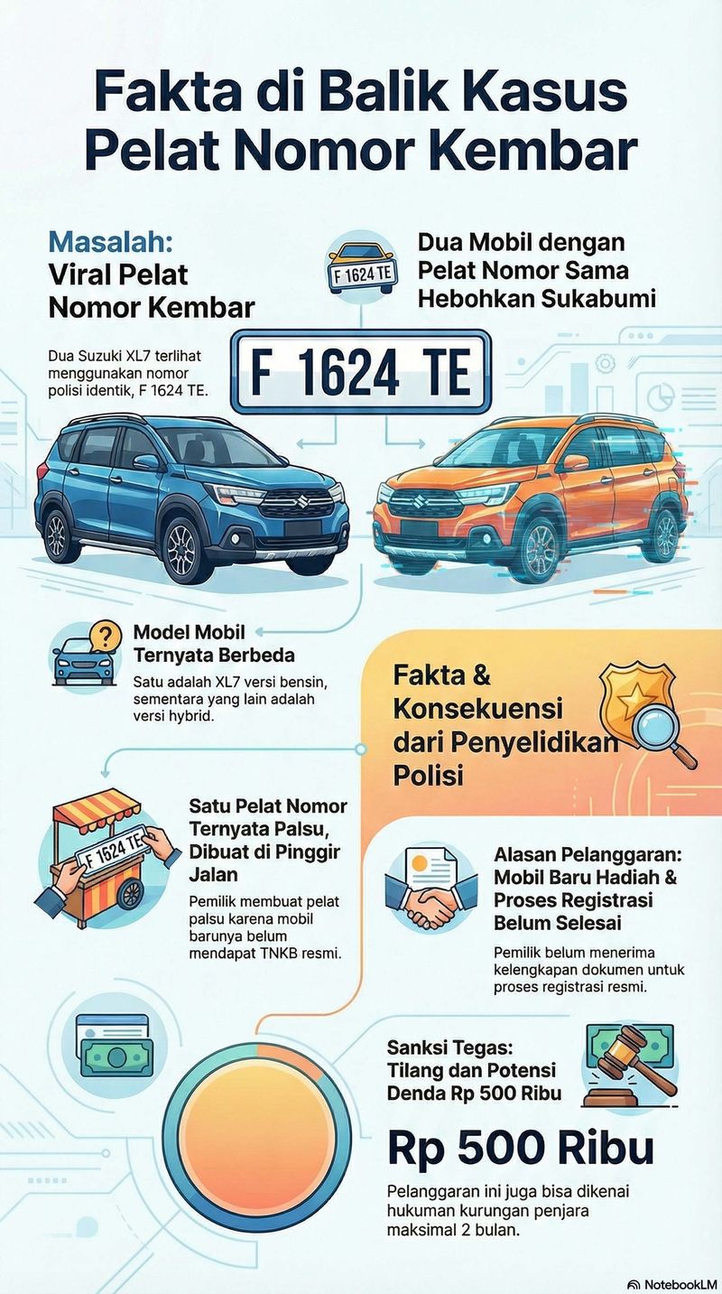 Kasus plat nomor kembar di Sukabumi melibatkan dua mobil Suzuki XL7 dengan plat nomor F 1624 TE yang viral Februari 2025, di mana satu mobil (milik Maulid) memiliki plat asli sah, sedangkan mobil kedua (milik Randi, hadiah BRI) menggunakan plat palsu buatan pinggir jalan karena STCK belum jadi, berujung tilang dan imbauan polisi agar masyarakat patuh aturan dan mengurus dokumen kendaraan sesuai prosedur resmi.