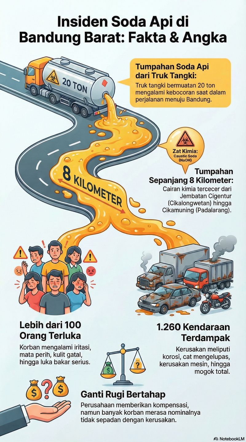 Kasus tumpahan soda api di Cikalong Wetan, Bandung Barat melibatkan kebocoran truk tangki yang mengangkut cairan kimia kaustik soda, menyebabkan kerusakan pada ratusan kendaraan (bodi, mesin), luka ringan hingga berat (mata perih, kulit gatal, iritasi pernapasan) pada pengendara, dan dampak lingkungan karena sifat korosifnya merusak jalan serta mengalir ke selokan, dengan perusahaan diwajibkan bertanggung jawab atas kerugian.
