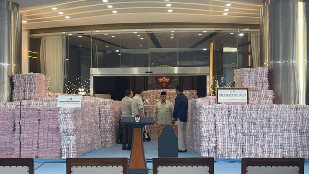 Prabowo hadiri penyerahan uang rampasan perkara di Kejagung (Firda/detikcom)