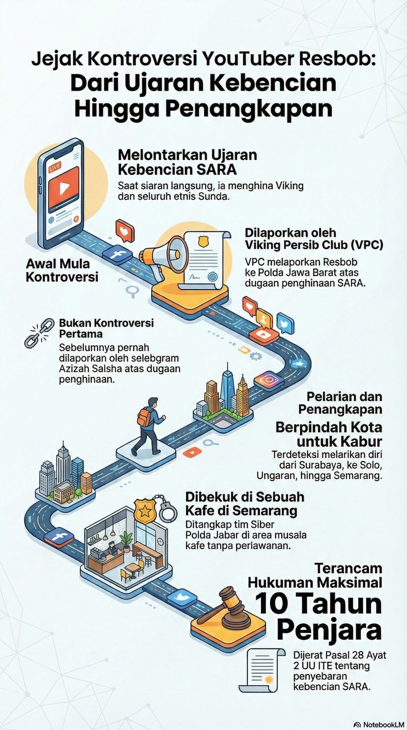 Resbob melakukan siaran langsung (live streaming) di media sosial yang berisi narasi menghina masyarakat suku Sunda dan kelompok suporter Viking Persib Bandung. Konten tersebut viral dan memicu kemarahan publik serta laporan resmi ke pihak kepolisian.