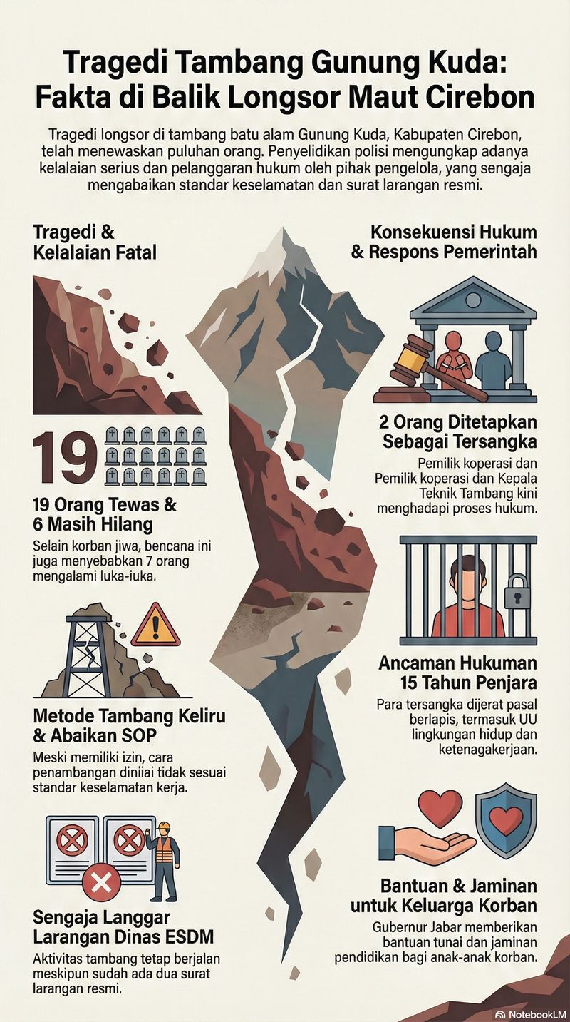 Tragedi longsor di tambang batu alam (galian C) Gunung Kuda, Desa Cipanas, Kecamatan Dukupuntang, Kabupaten Cirebon, kembali terjadi pada 30 Mei 2025 pukul 09.30–10.00 WIB. Bencana ini mengakibatkan korban jiwa yang signifikan dan memicu langkah hukum tegas terhadap pengelola.