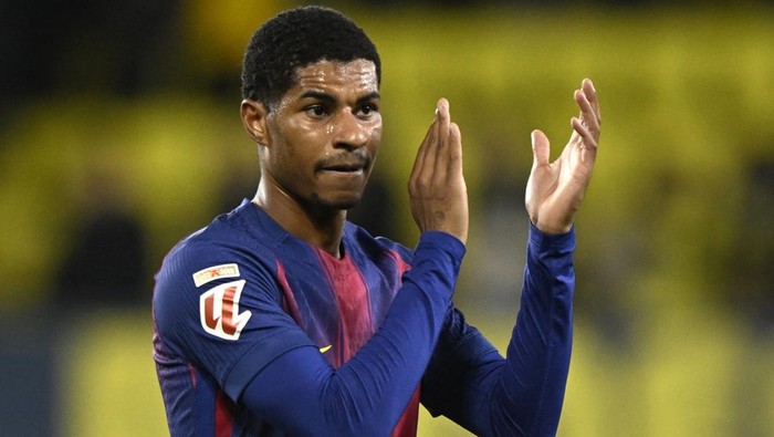 Soccer Football - LaLiga - Villarreal v FC Barcelona - Estadio de la Ceramica, Villarreal, Spain - December 21, 2025 FC Barcelonas Marcus Rashford celebrates after the match REUTERS/Pablo Morano