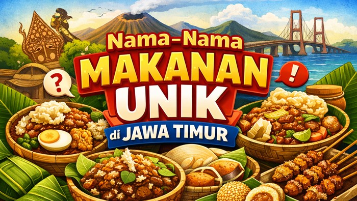 Ilustrasi nama-nama makanan unik di Jawa Timur.