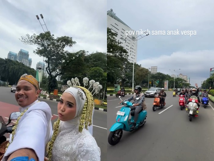 Viral video pengantin iring-iringan naik Vespa. Tampil unik ala Sunmori, pasangan ini tampil anggun dikawal puluhan motor Vespa.