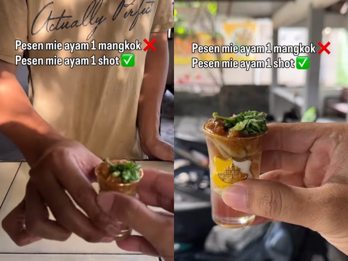 Mie ayam one shot pakai gelas sloki.