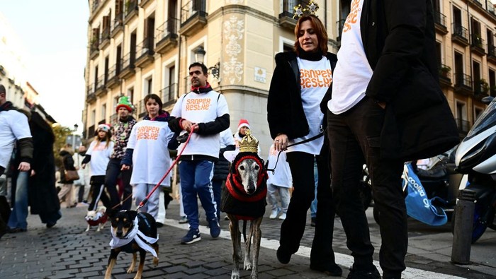 Aksi jalan-jalan amal bersama anjing mewarnai suasana Madrid, Spanyol, Selasa (30/12/2025). Ratusan warga bersama anjing peliharaan mereka mengikuti kegiatan bertajuk “Sanperrestre”, sebuah acara tahunan yang digelar menjelang akhir tahun. REUTERS/Juan Barbosa