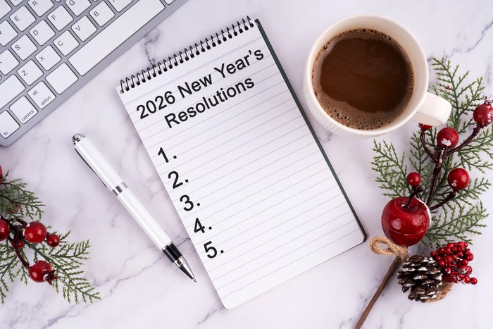 2026 New Years Resolutions list on notepad New Year concept