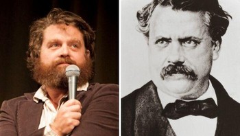 Zach Galifianakis & Louis Vuitton Siapa sangka bintang komedi The Hangover ini punya kemiripan wajah dengan maestro mode kelas dunia? Dengan gaya kumis yang khas dan rambut yang agak berantakan, Zach terlihat sangat mirip dengan sosok asli Louis Vuitton. Banyak yang bercanda kalau Zach diam-diam memegang rahasia perjalanan waktu para desainer. Foto: BoredPanda