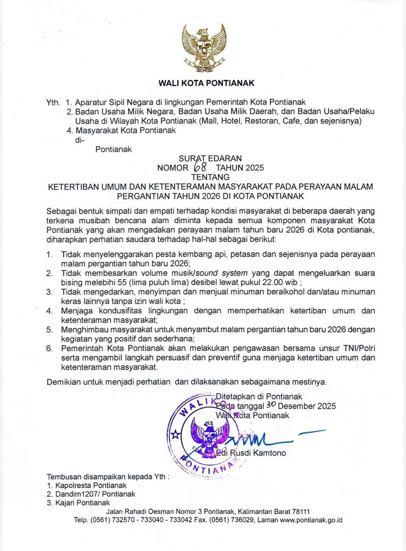 Wali Kota Pontianak Edi Rusdi Kamtono menerbitkan SE larangan pesta kembang api dan petasan saat Tahun Baru 2026. Wali Kota Pontianak Edi Rusdi Kamtono menerbitkan SE larangan pesta kembang api dan petasan saat Tahun Baru 2026.