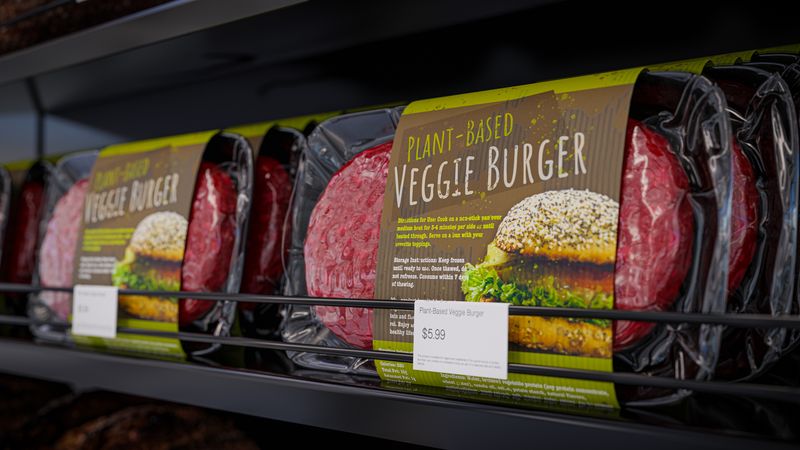 1473446848 Vegan burger vacuum packed on a store shelf - 3d illustration