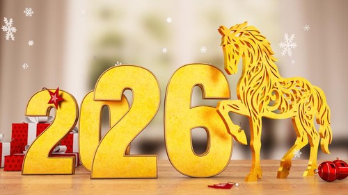 Chinese New Year Concept. 2026 New Year Greeting with Golden Horse and Holiday Gifts. 3D Render