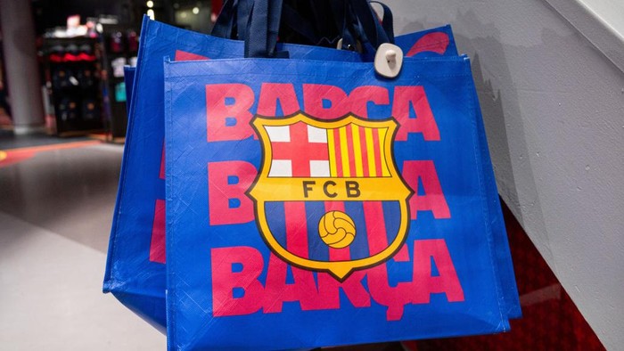 BARCELONA, SPAIN - 2023/11/21: Barcelona football team shopping bags are seen at the official merchandise store in Spotify Camp Nou in Barcelona. (Photo by Xavi Lopez/SOPA Images/LightRocket via Getty Images)